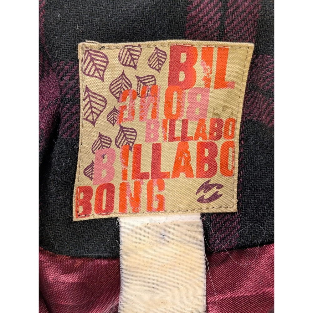 Billabong Womens Plaid Double Breasted Hooded Jacket Burgundy Black Pea Coat L - Picture 3 of 9